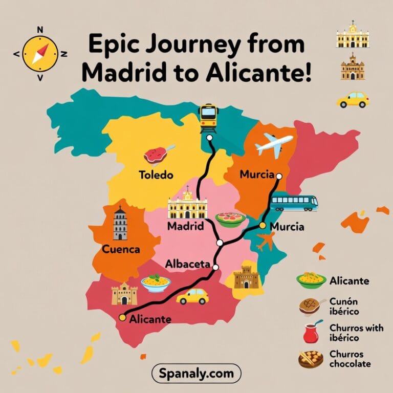 Epic infographic map of the journey from Madrid to Alicante with landmarks and travel icons