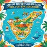 A vibrant 1024x1024 infographic map of Tenerife for a 3-day itinerary, featuring Mount Teide, Siam Park, Loro Parque, and local food icons like Barraquito and Papas Arrugadas.