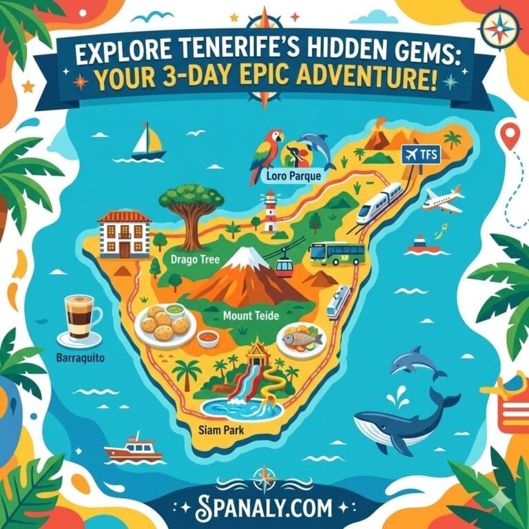 A vibrant 1024x1024 infographic map of Tenerife for a 3-day itinerary, featuring Mount Teide, Siam Park, Loro Parque, and local food icons like Barraquito and Papas Arrugadas.