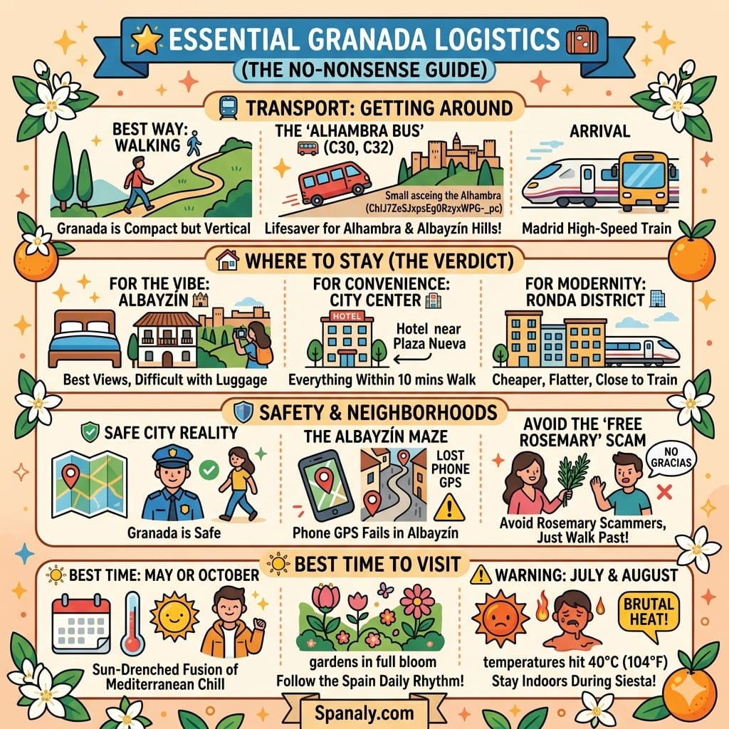 A detailed infographic for essential Granada logistics: Transport tips like walking and the Alhambra Bus, accommodation verdicts for Albayzín, City Center, and Ronda, safety advice regarding the Albayzín maze and rosemary scams, and best times to visit (May/October). (Spanaly.com)