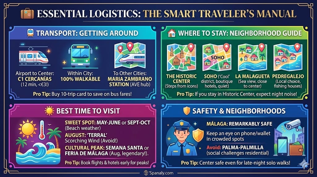 A comprehensive colorful infographic by Spanaly providing essential logistics for visiting Málaga in 2026. It covers C1 Cercanías airport transport, the walkable city center, high-speed AVE train links, a neighborhood guide (Historic Center, Soho, La Malagueta, Pedregalejo), the best time to visit (May-June or Sept-Oct), and safety tips for tourists.