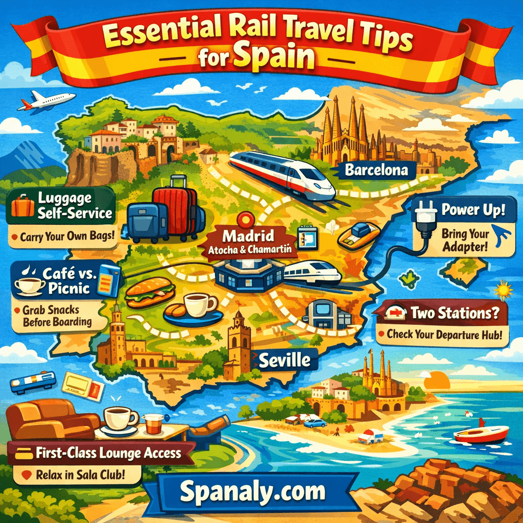Essential rail travel tips for Spain infographic showing Madrid, Barcelona and Seville routes with luggage advice, power adapter tips and train travel planning information