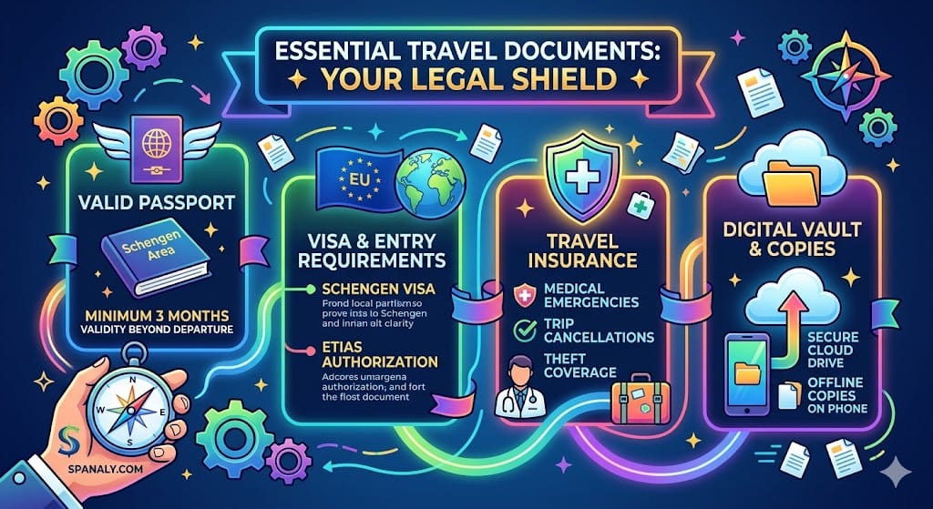 Vibrant infographic checklist of essential Spain travel documents including passport validity, Schengen visa requirements, travel insurance coverage, and digital vault copies by Spanaly.com.