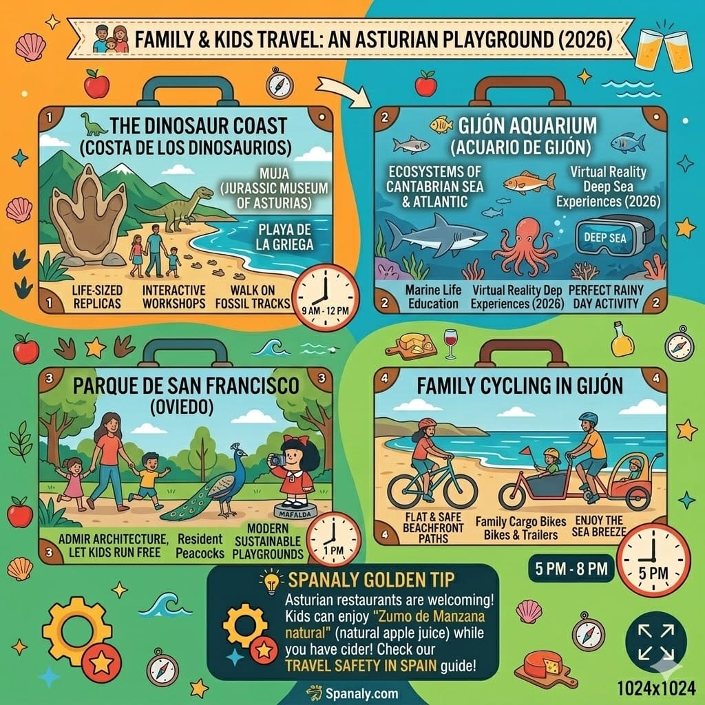 A colorful 2026 family travel infographic for Asturias. Showcasing the Jurassic Museum (MUJA), Gijon Aquarium with VR experiences, peacocks in San Francisco Park Oviedo, and families cycling along Gijon's beach.
