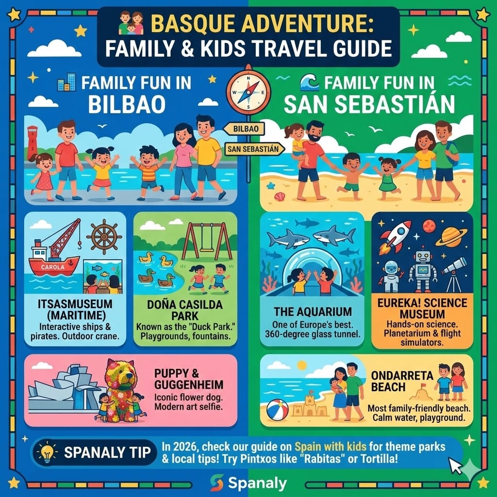 A colorful infographic for family travel in the Basque Country. Left side shows Bilbao activities: Itsasmuseum, Doña Casilda Park, and the Guggenheim's Puppy. Right side shows San Sebastian: The Aquarium, Eureka Science Museum, and Ondarreta Beach. Includes a Spanaly tip for kids' food.