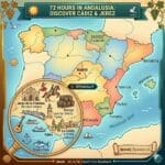 Main featured map of Spain highlighting the 72-hour itinerary for Cádiz and Jerez, featuring the Cathedral, royal horses, and sherry bodegas with Spanaly.com logo.