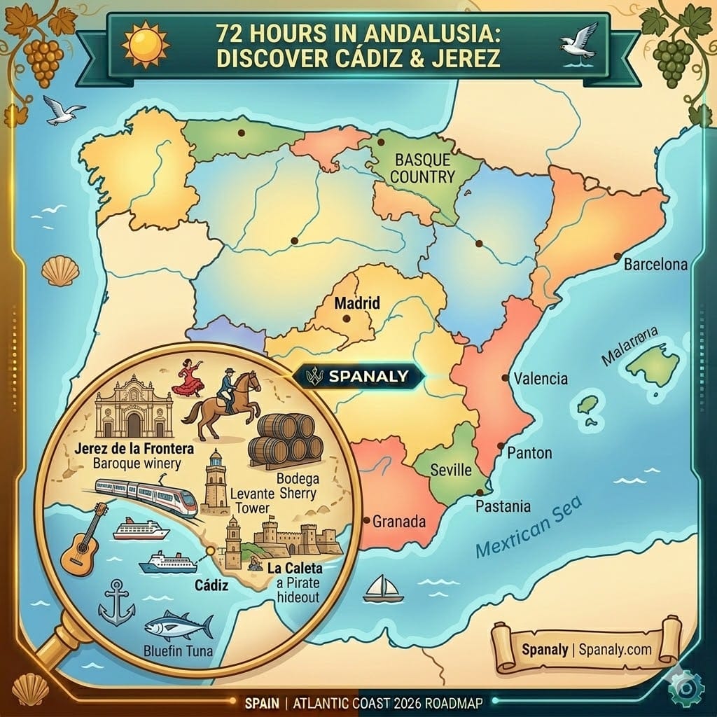 Main featured map of Spain highlighting the 72-hour itinerary for Cádiz and Jerez, featuring the Cathedral, royal horses, and sherry bodegas with Spanaly.com logo.