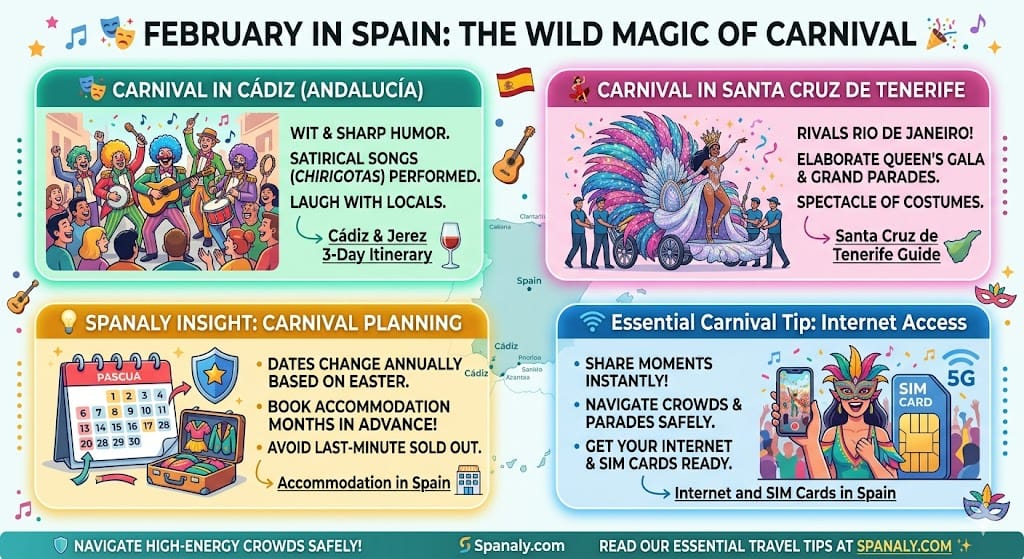 A vibrant colorful infographic titled 'FEBRUARY IN SPAIN: THE WILD MAGIC OF CARNIVAL'. It features visual panels comparing the witty Chirigotas street performances in Cádiz, Andalucía, to the massive Queen's Gala with elaborate costumes in Santa Cruz de Tenerife. Includes a Spanaly Insight on booking months in advance and using SIM cards to stay connected during parades. With Spanaly.com logo. Flat vector style.