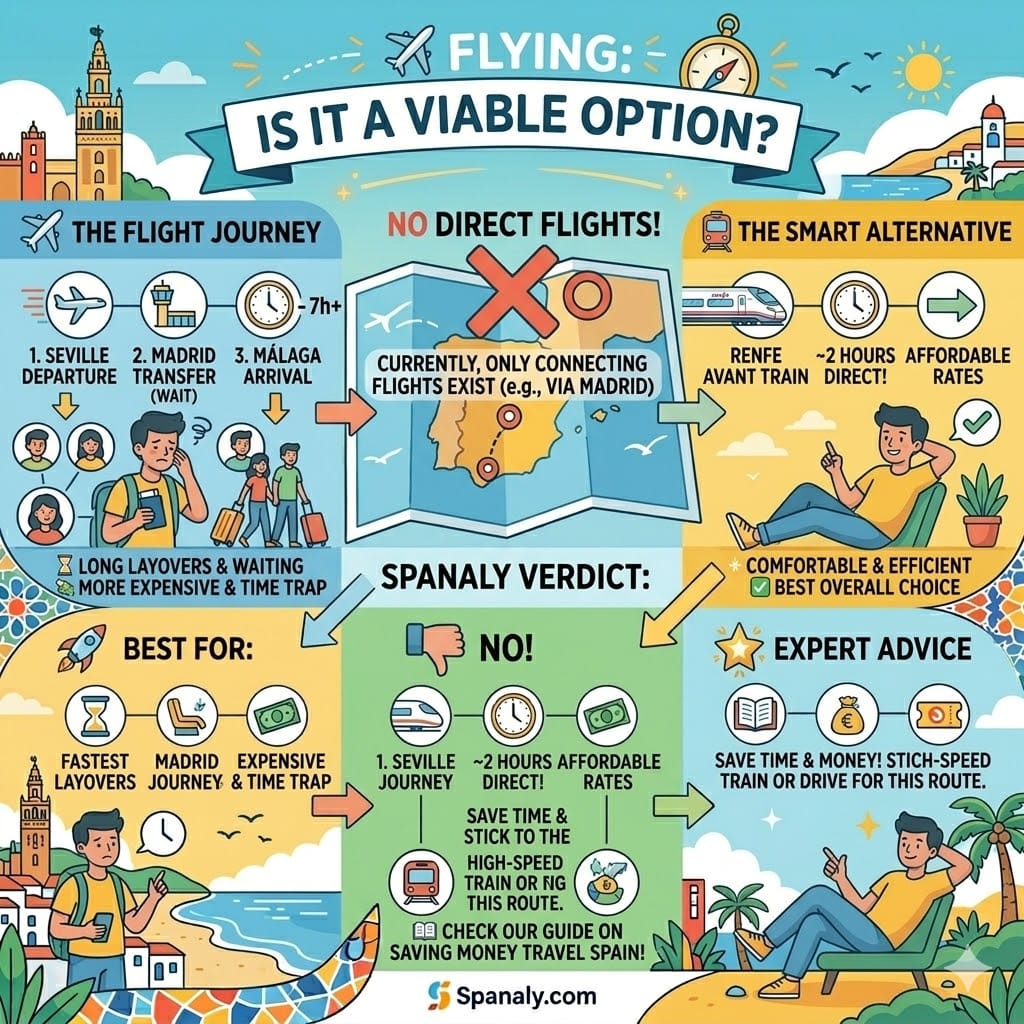 Infographic illustrating why flying from Seville to Málaga is inefficient, showing the long travel time with layovers vs the 2-hour high-speed train.