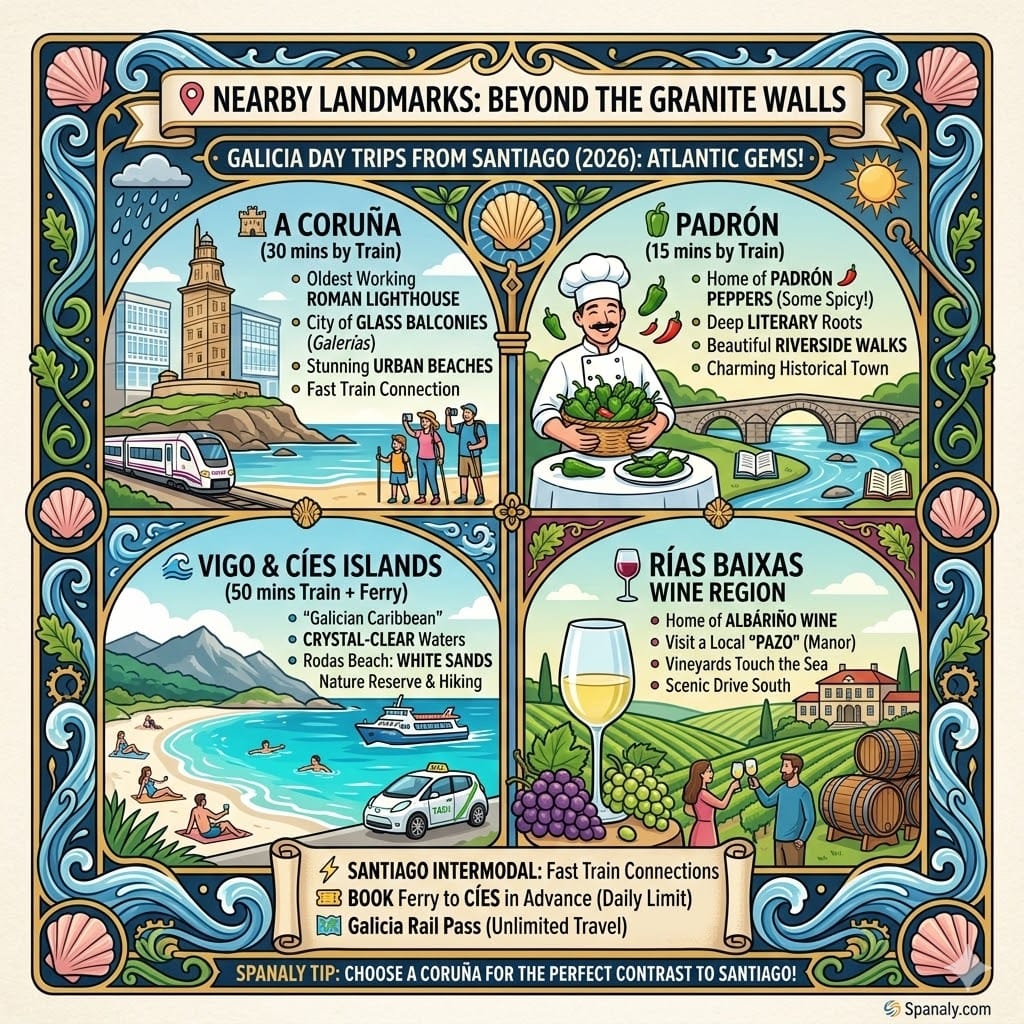 A colorful square infographic titled Nearby Landmarks: Beyond the Granite Walls. It features four sections: A Coruña with the Roman Lighthouse, Padrón with its famous peppers, Vigo & Cíes Islands with white sands, and the Rías Baixas wine region, all within a Galician ornate border.
