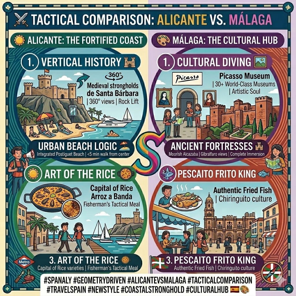 A 1:1 square infographic with a sophisticated geometry-driven style, featuring a sharp vertical split down the center.