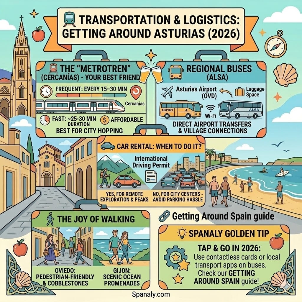 A vibrant infographic guide to transportation in Asturias for 2026. Illustrating the Cercanías train network between Oviedo and Gijón, ALSA airport buses, car rental tips for remote areas, and pedestrian routes like San Lorenzo promenade.