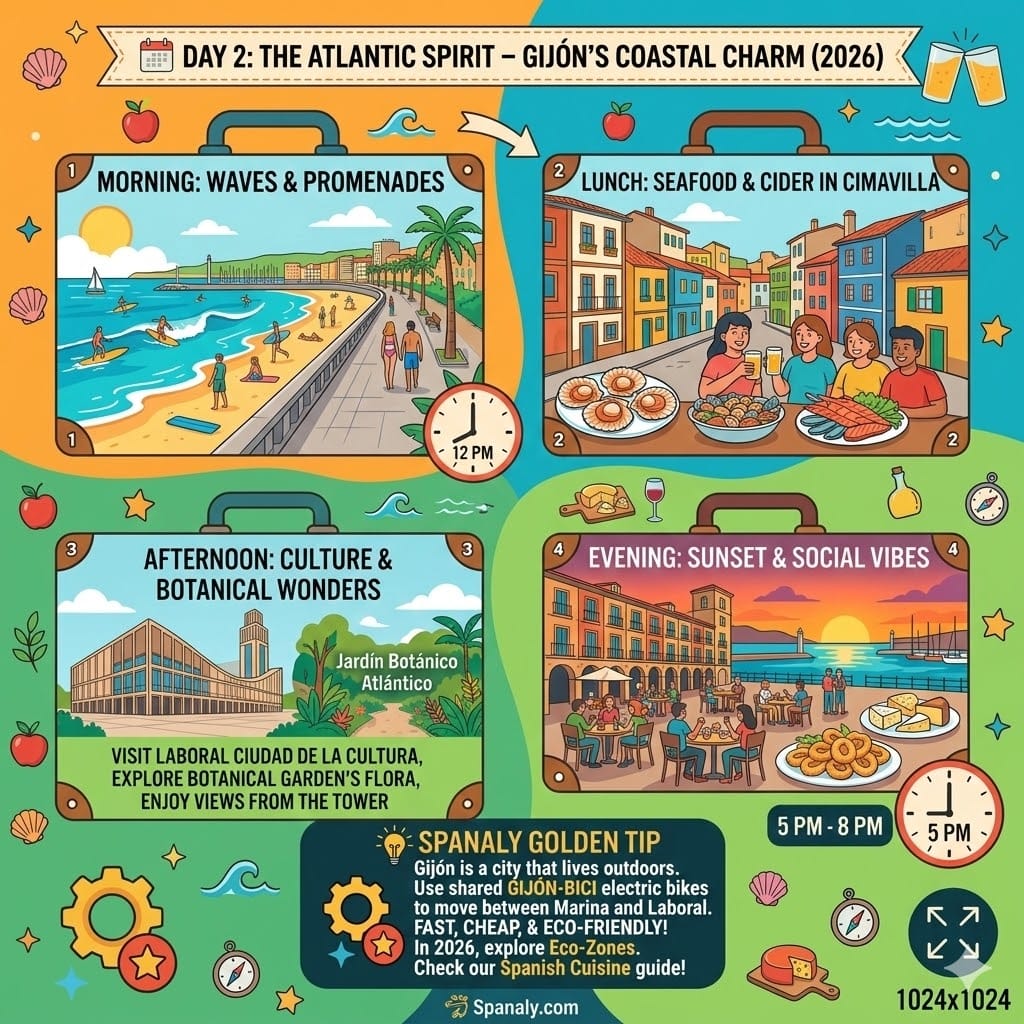 A detailed 2026 itinerary infographic for Day 2 in Gijón, Asturias. Showcasing surfing at San Lorenzo beach, seafood lunch in Cimavilla, Laboral Ciudad de la Cultura architecture, and sunset tapas at Plaza Mayor.