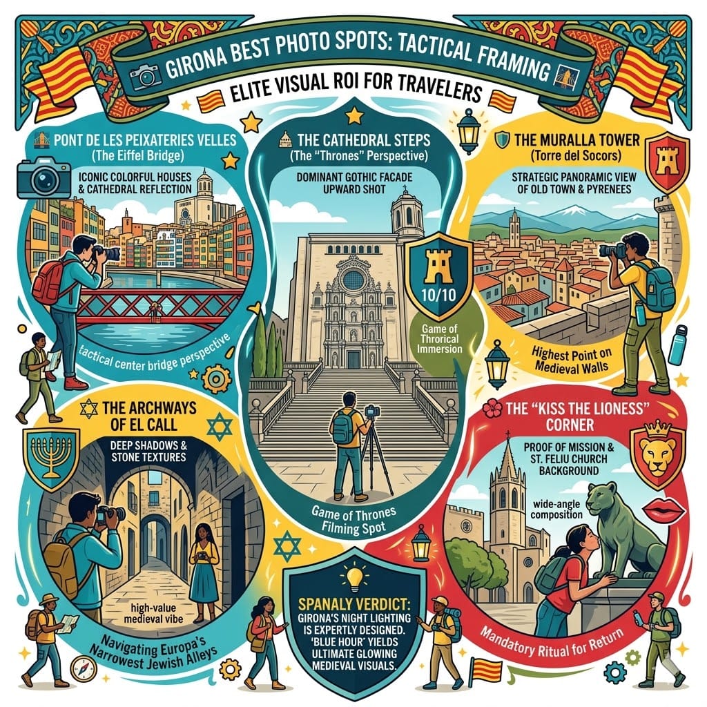 Vibrant infographic of the best photo spots in Girona, featuring the Eiffel Bridge, Cathedral steps, Muralla tower, El Call archways, and the Lioness statue.