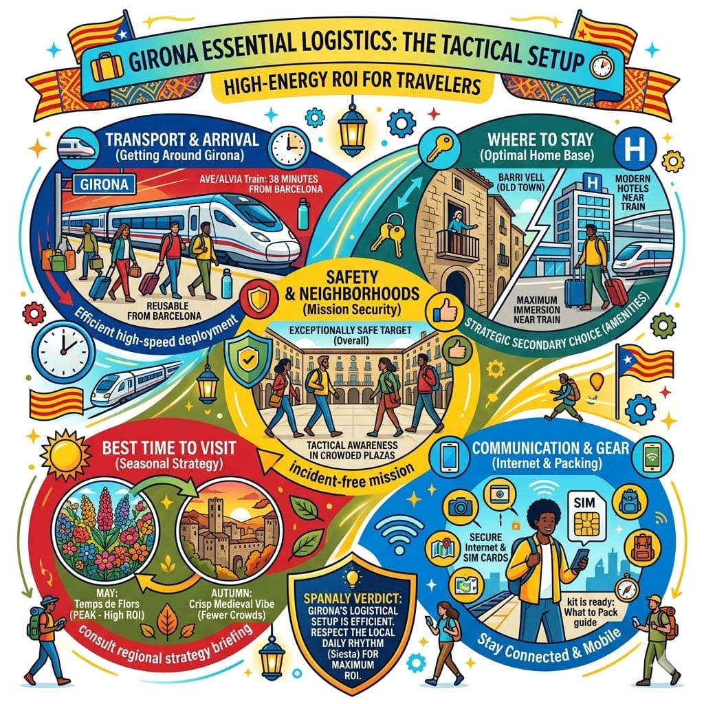 Vibrant infographic detailing the essential travel logistics for Girona, featuring information on high-speed trains from Barcelona, Old Town vs. modern accommodation, travel safety, best time to visit (Temps de Flors), and securing internet/SIM cards.