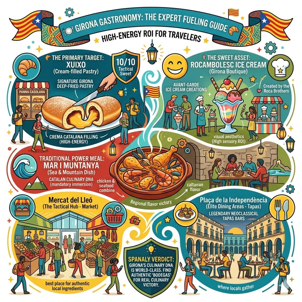 Vibrant infographic showcasing Girona's gastronomy, featuring Xuixo pastry, Rocambolesc ice cream, Mar i Muntanya traditional dish, Mercat del Lleó, and Plaça de la Independència tapas.