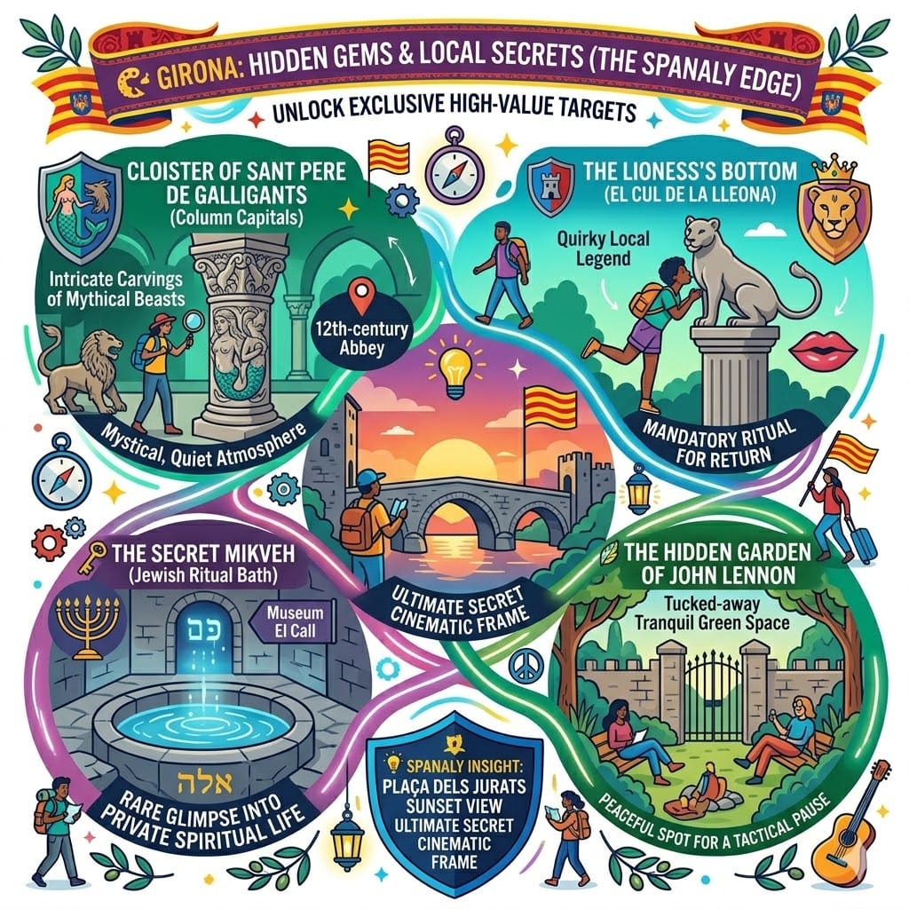 Colorful infographic of hidden gems in Girona, featuring the Sant Pere de Galligants cloister, the Lioness's Bottom sculpture, John Lennon Garden, and the secret Jewish Mikveh.
