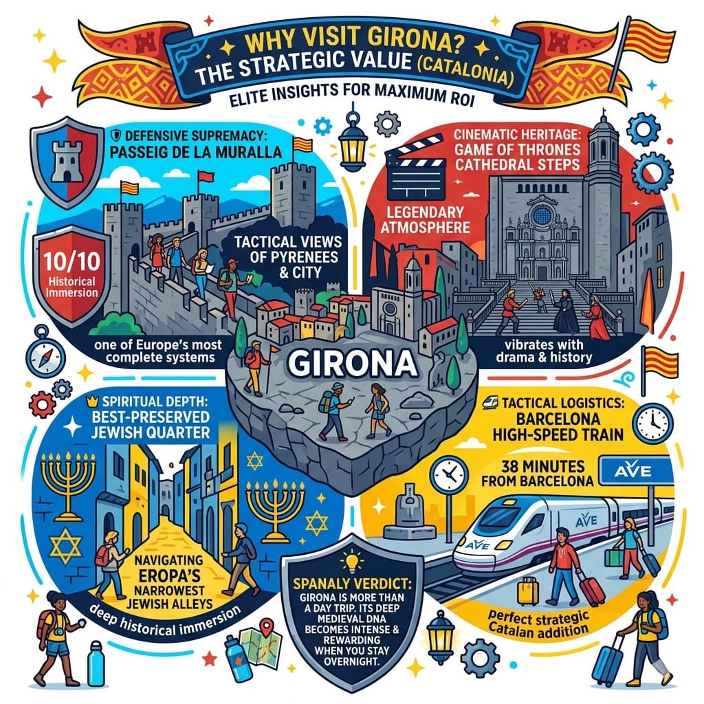 Vibrant infographic showcasing the strategic value of visiting Girona, Spain, featuring the medieval walls (Passeig de la Muralla), Game of Thrones filming locations at the Cathedral, the historic Jewish Quarter (El Call), and high-speed train logistics from Barcelona.