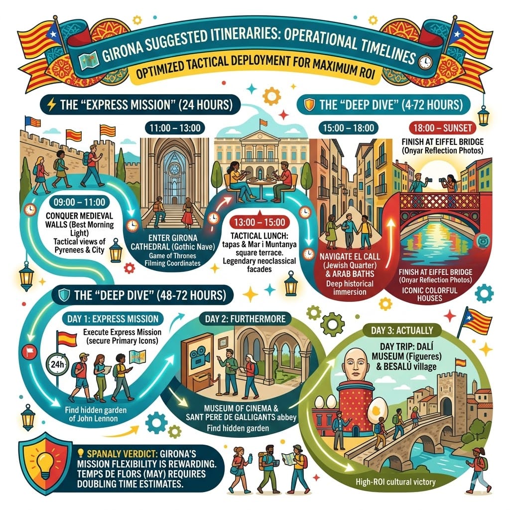 Vibrant infographic outlining suggested travel itineraries for Girona, Spain, featuring a 24-hour "Express Mission" and a 48-72 hour "Deep Dive" timeline with specific landmark visits and a Dalí Museum day trip.
