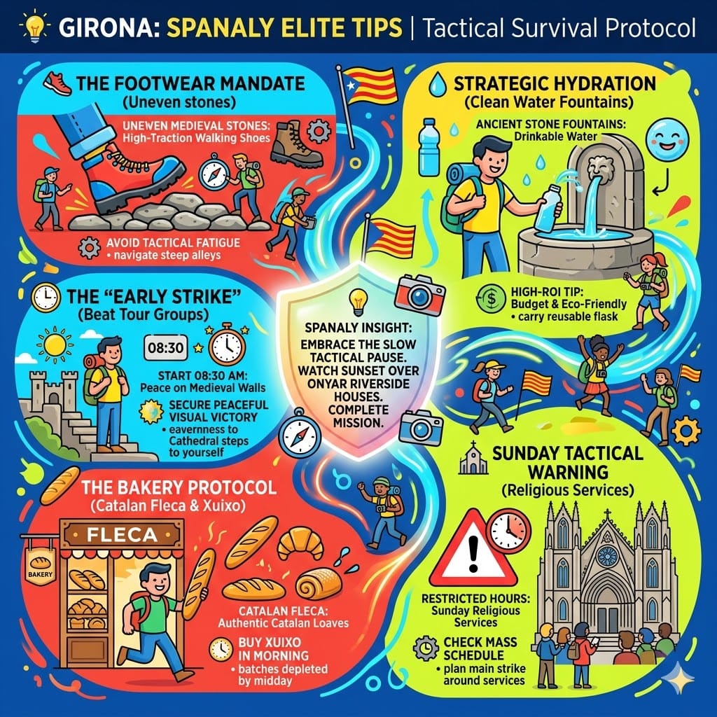 Vibrant infographic with tactical travel tips for Girona, featuring advice on proper footwear, clean water fountains, early morning visits, Catalan bakery protocols, and Sunday Cathedral mass warnings.