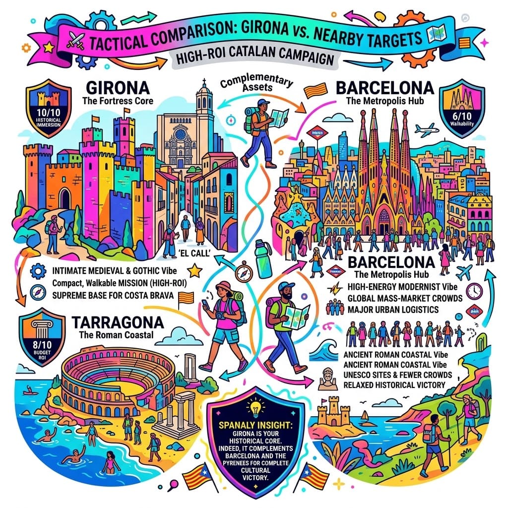 Vibrant tactical comparison infographic between Girona, Barcelona, and Tarragona, highlighting Girona's medieval core, Barcelona's modernist vibe, and Tarragona's Roman coastal ruins for high-ROI travel planning.