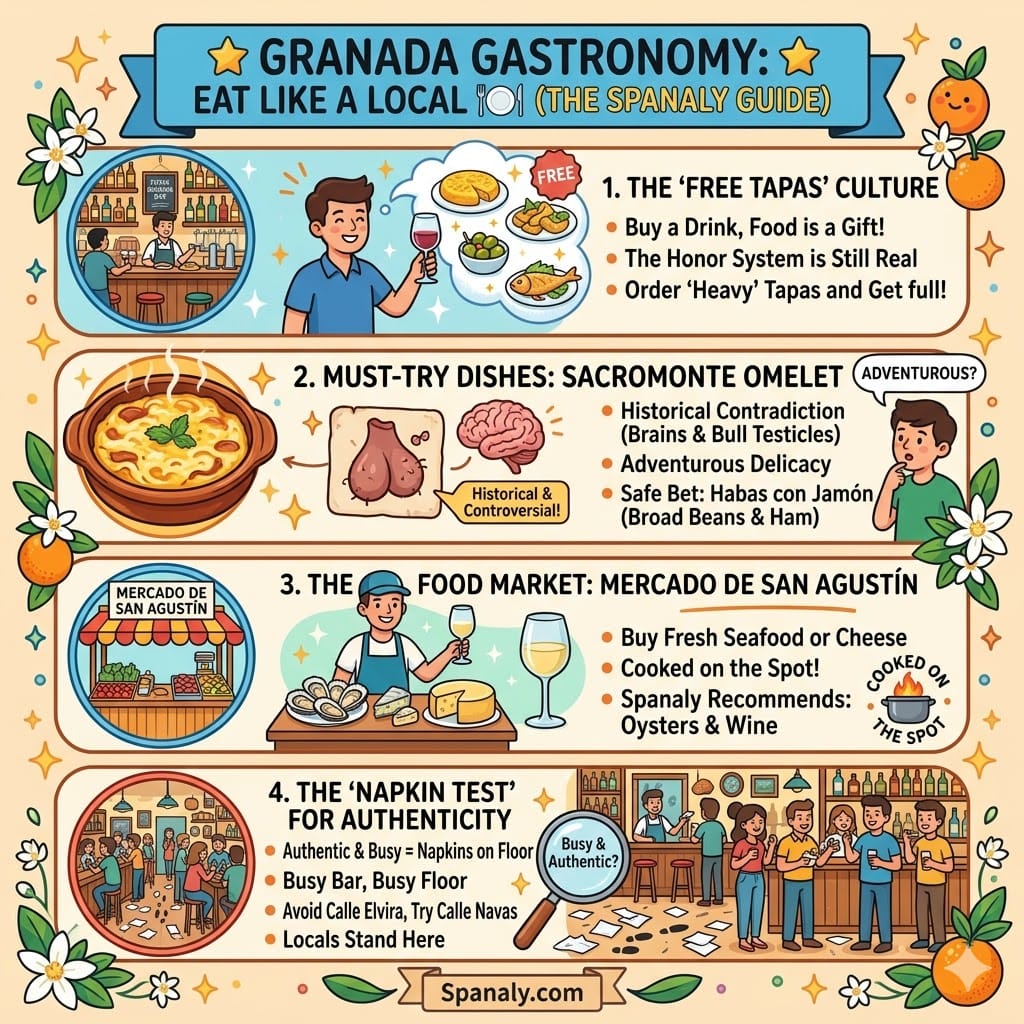 A colorful infographic about Granada gastronomy featuring the free tapas culture, Sacromonte omelet, Mercado de San Agustín, and the local napkin test for authentic bars. (Spanaly.com)