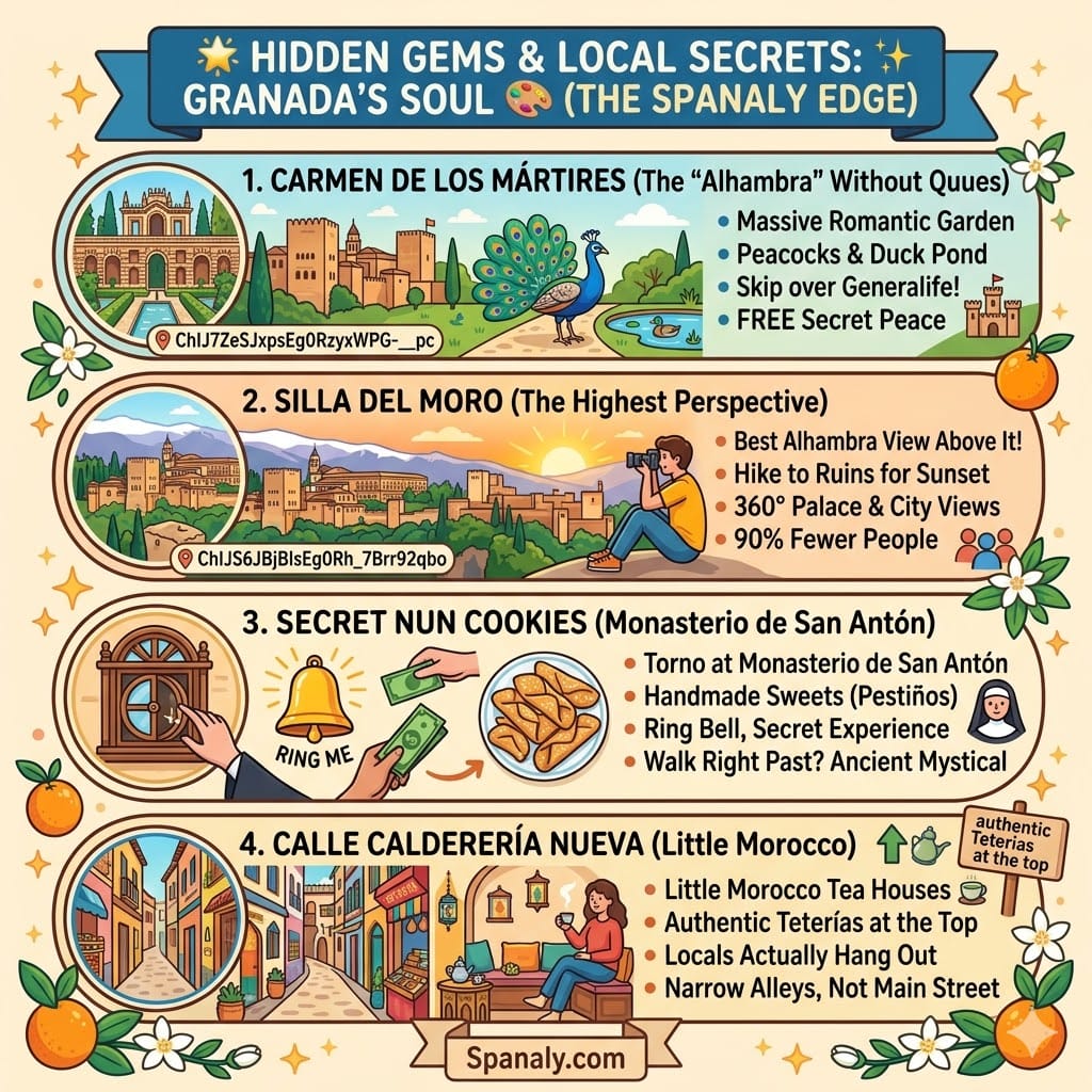 A colorful infographic showing 4 hidden gems in Granada: Carmen de los Mártires gardens, Silla del Moro sunset viewpoint, the secret nun cookies at Monasterio de San Antón, and authentic tea houses in Calle Calderería Nueva. (Spanaly.com)