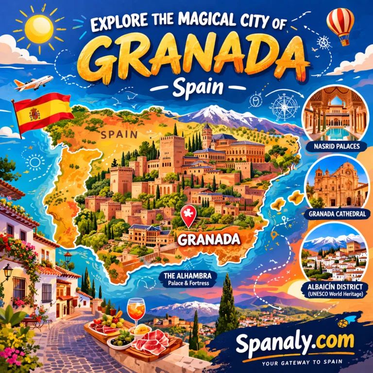 An epic infographic map of Spain highlighting Granada with colorful icons of the Alhambra, Generalife, and Albayzín, titled "The Ultimate Granada Travel Guide" by Spanaly.com.