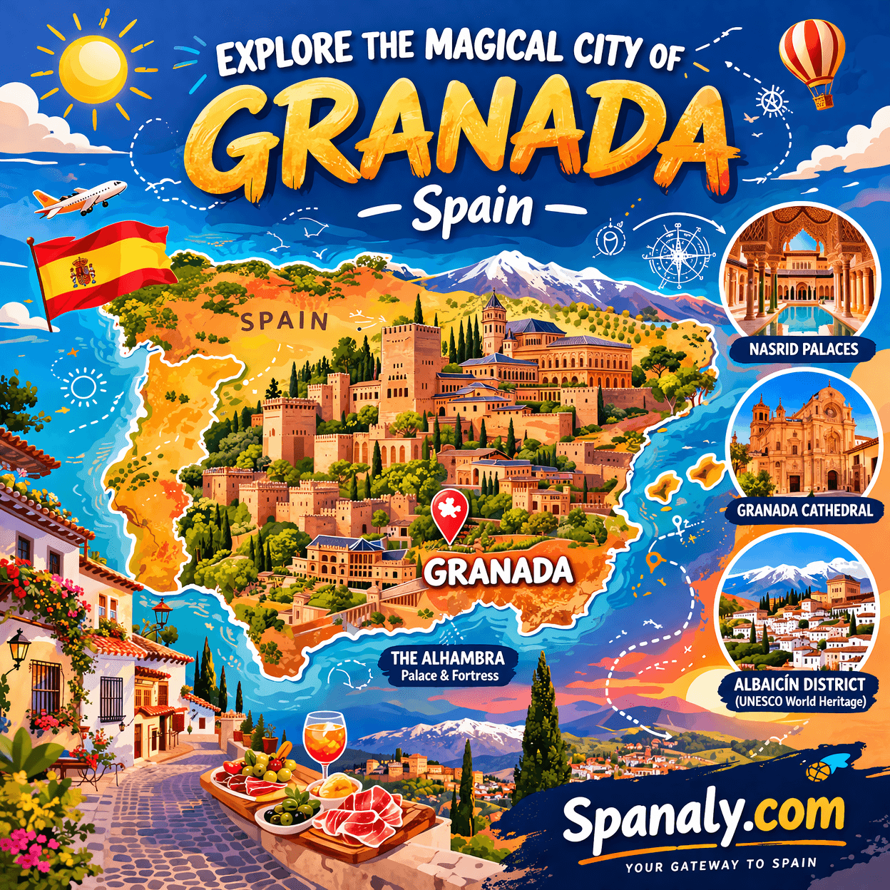 An epic infographic map of Spain highlighting Granada with colorful icons of the Alhambra, Generalife, and Albayzín, titled "The Ultimate Granada Travel Guide" by Spanaly.com.