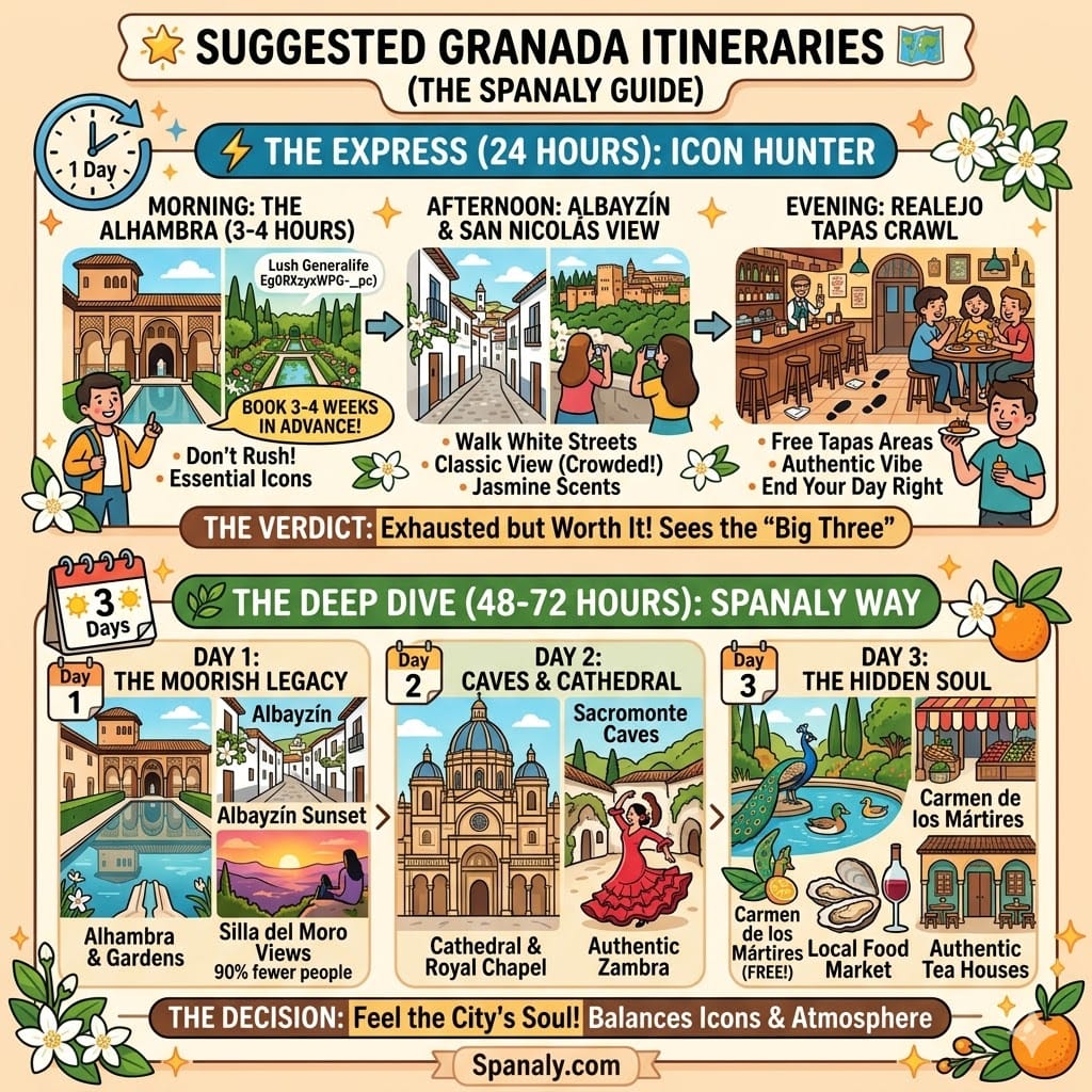 A detailed infographic of suggested Granada itineraries: The 24-hour Express route for icons and the 48-72 hour Deep Dive route for Moorish legacy, caves, and hidden gems. (Spanaly.com)