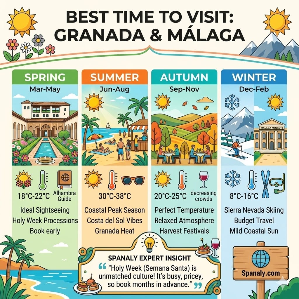 Square infographic summarizing the best time to visit Granada and Málaga, illustrating the four seasons from Spring (sightseeing) to Winter (skiing), with expert travel advice in a quote.