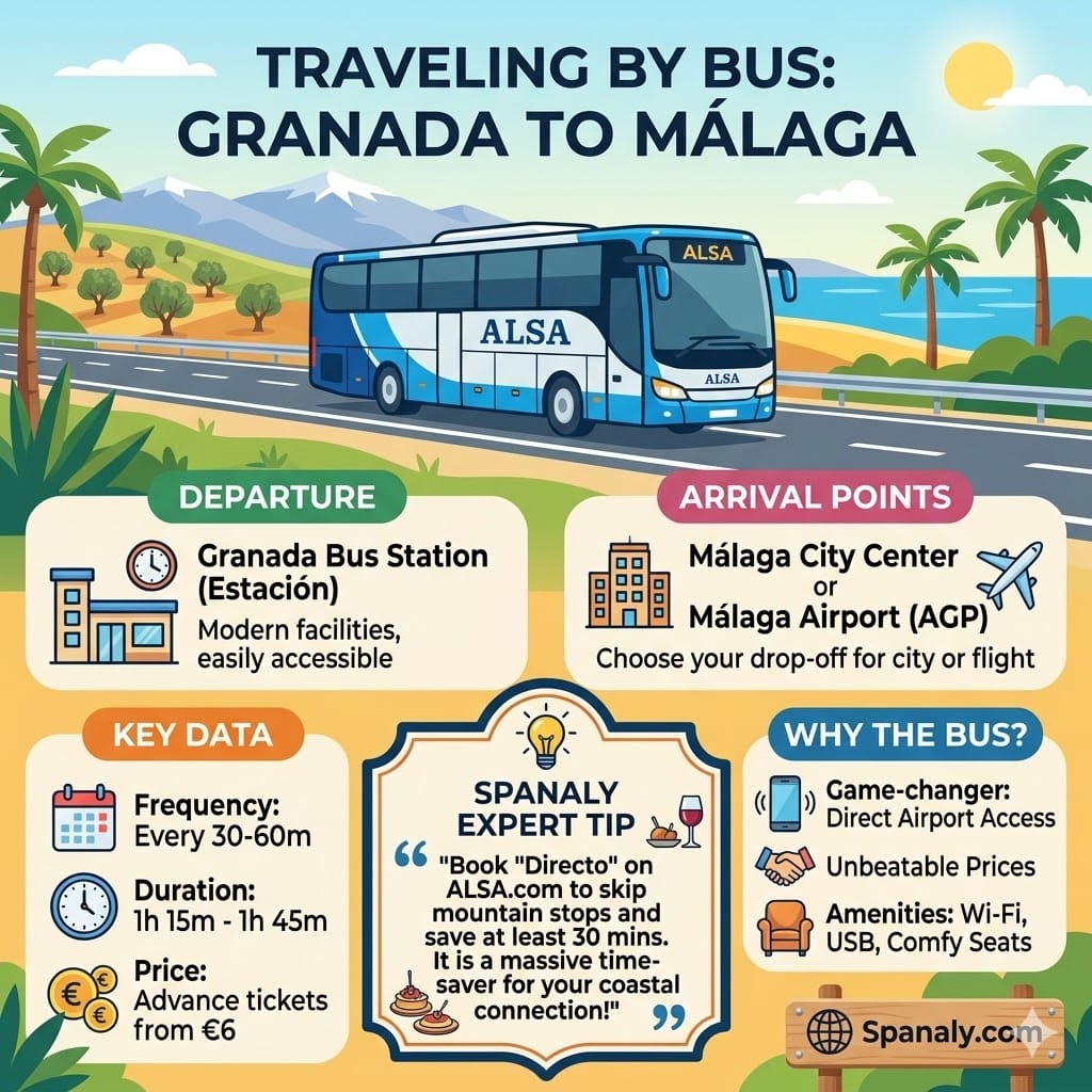 Square infographic guide for traveling from Granada to Malaga by bus, featuring departure points, reasons to choose ALSA, and an expert tip inside a quote.