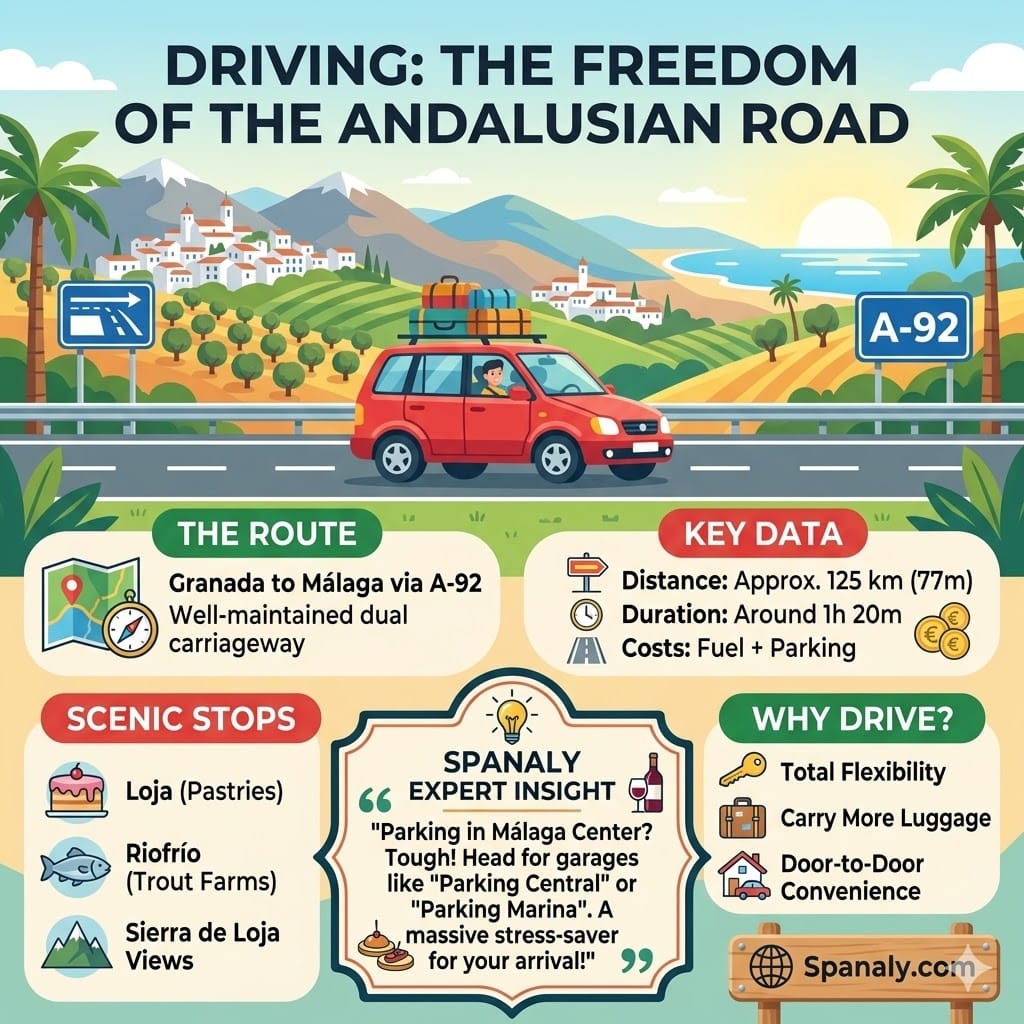 Square infographic for driving from Granada to Málaga via A-92, highlighting scenic stops in Loja, travel duration, and expert parking tips for Málaga city center.