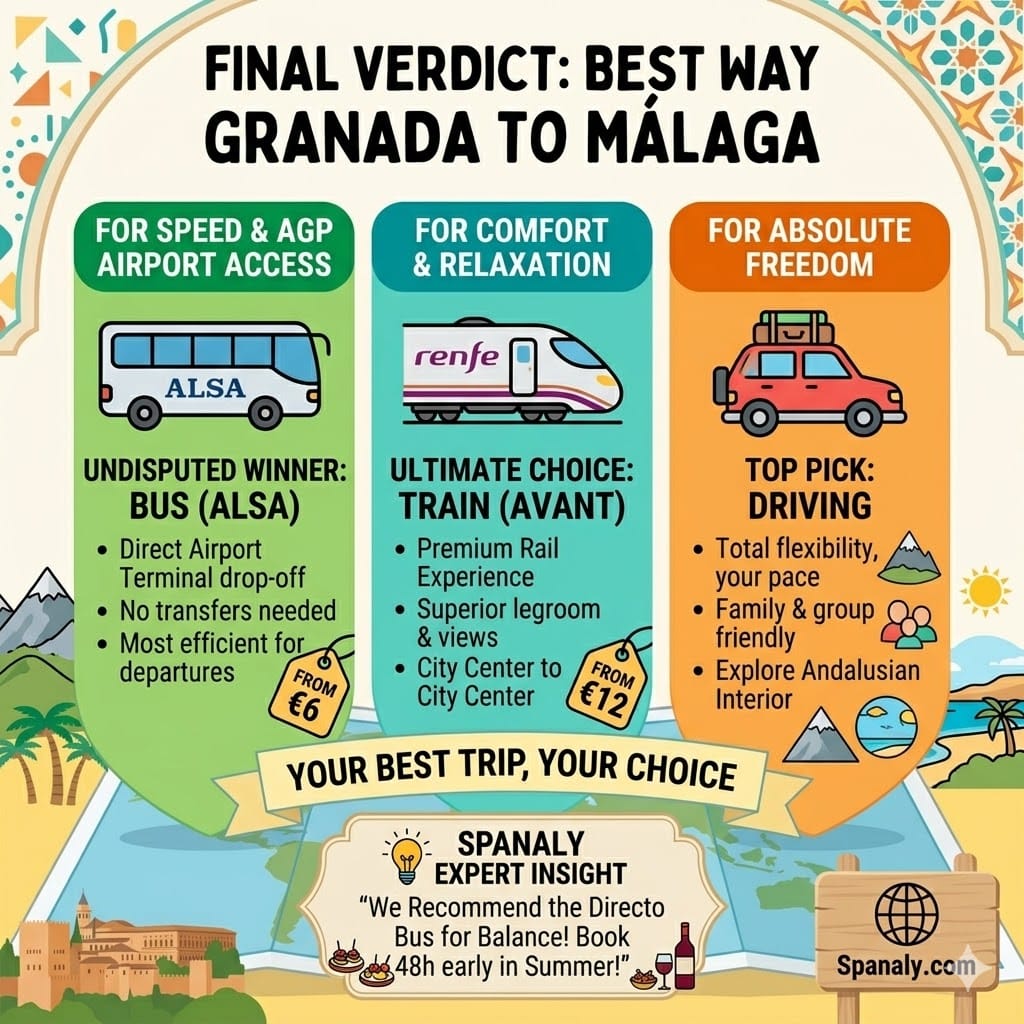 Square infographic summarizing the best way to travel from Granada to Málaga, illustrating the top choices for bus, train, and driving based on speed, comfort, and freedom.