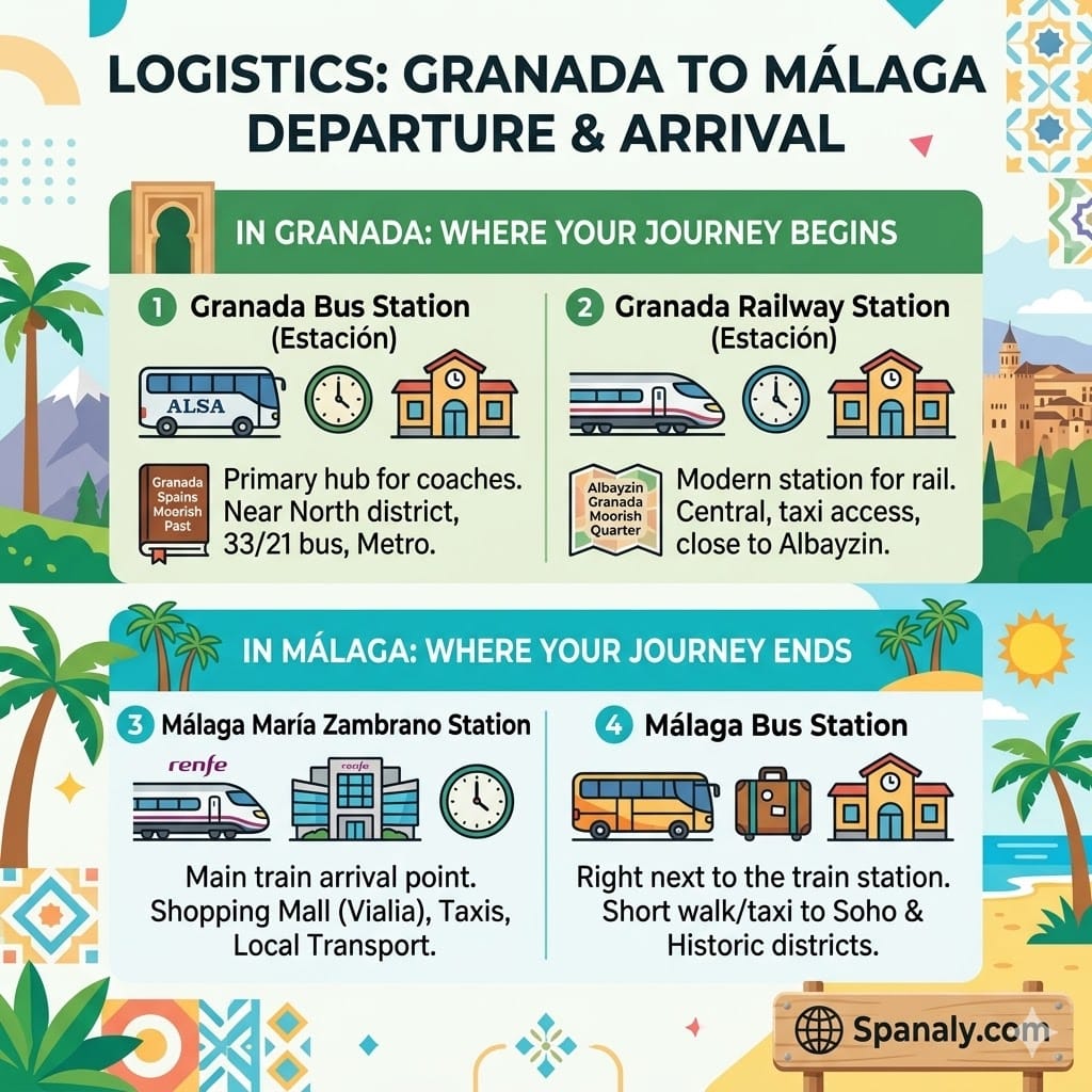 Square logistics infographic for traveling from Granada to Málaga, illustrating departure points like Granada Bus and Train Stations, and arrival hubs in Málaga including María Zambrano.