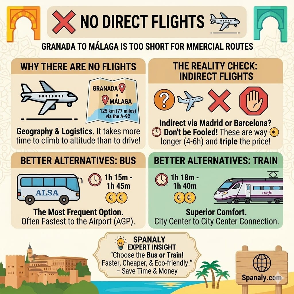 Square infographic explaining the lack of direct flights between Granada and Málaga, providing logical reasons and suggesting faster bus and train alternatives.