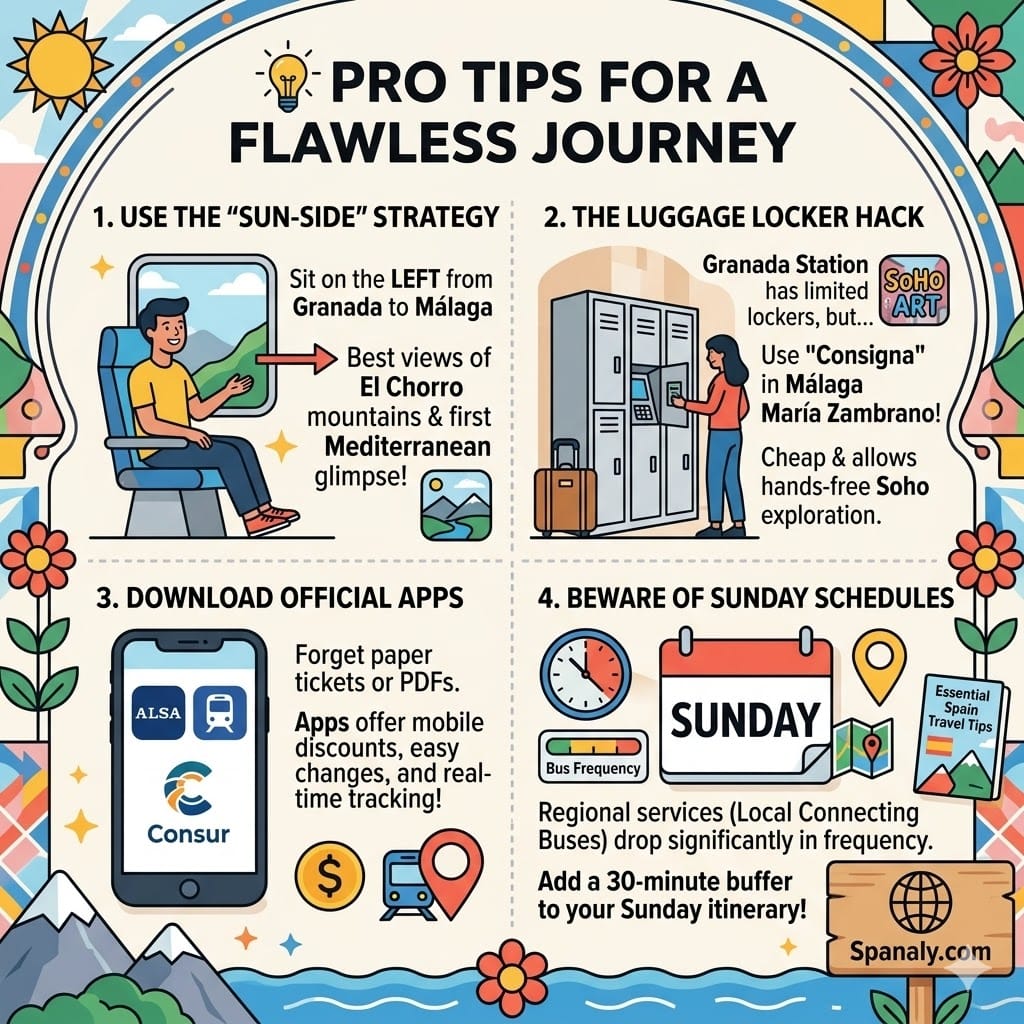 Square infographic featuring expert travel hacks for the Granada to Málaga journey, including sitting on the left side, using María Zambrano lockers, and downloading ALSA/Consur apps.