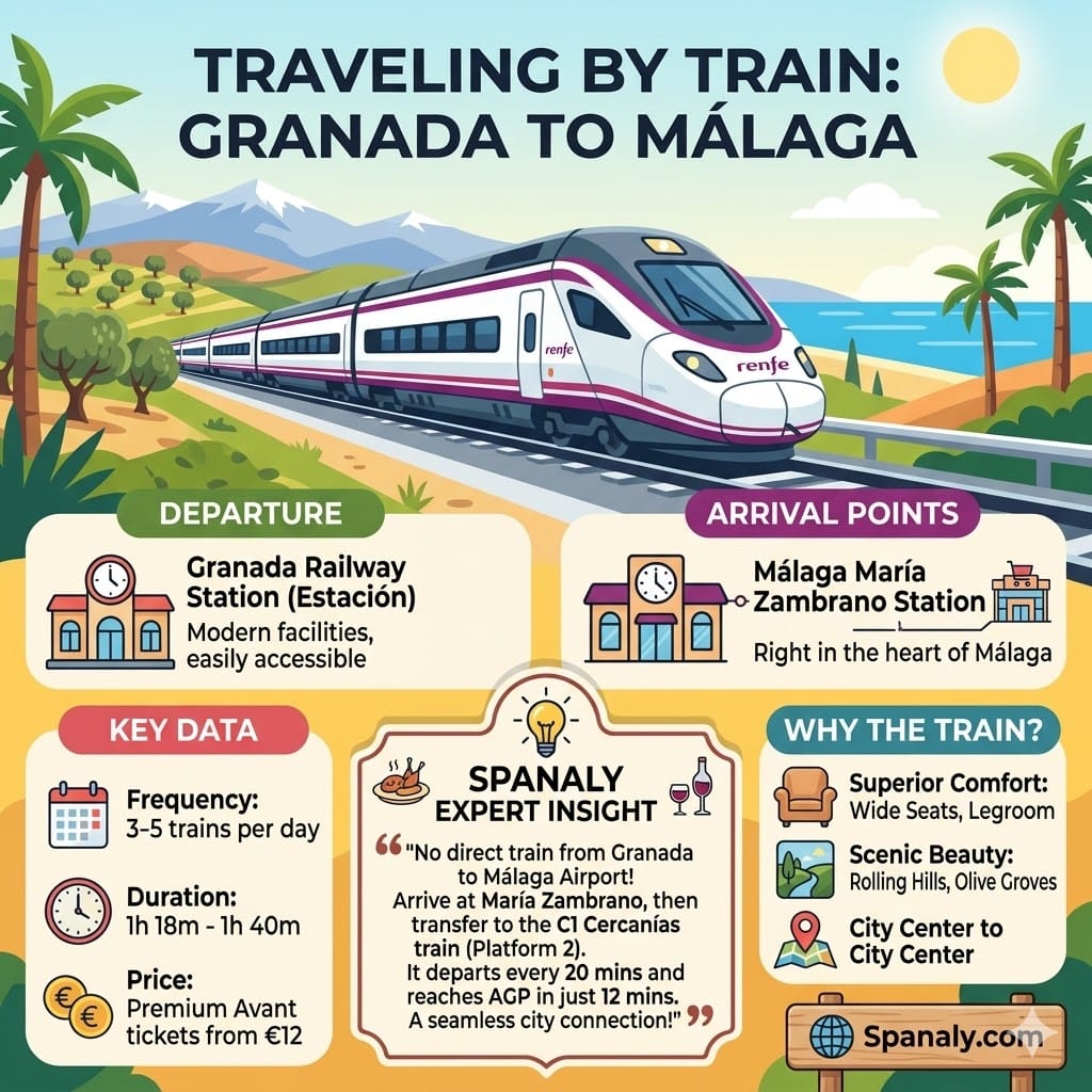 Detailed square infographic about traveling from Granada to Málaga by train, highlighting Renfe services, travel duration, and essential airport transfer tips.