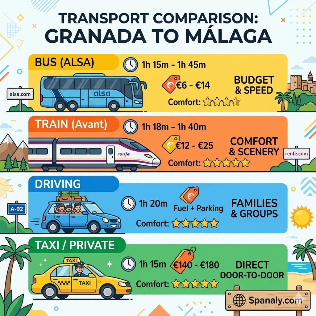 Square transport comparison infographic for traveling from Granada to Malaga, showcasing time, cost, and comfort for bus, train, and car options.