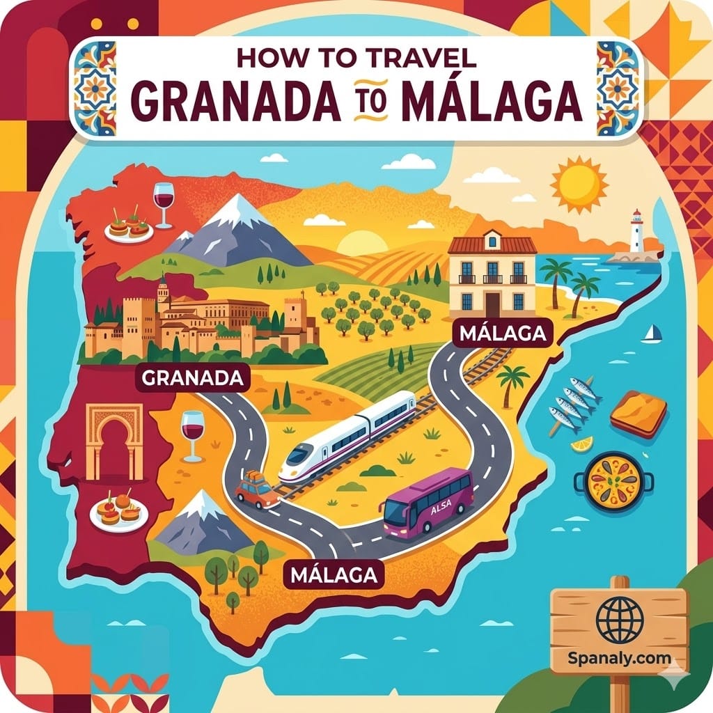 Square featured image infographic map for traveling from Granada to Málaga, illustrating the route with high-speed train and ALSA bus icons, prominent city landmarks, and authentic tapas like Espetos.