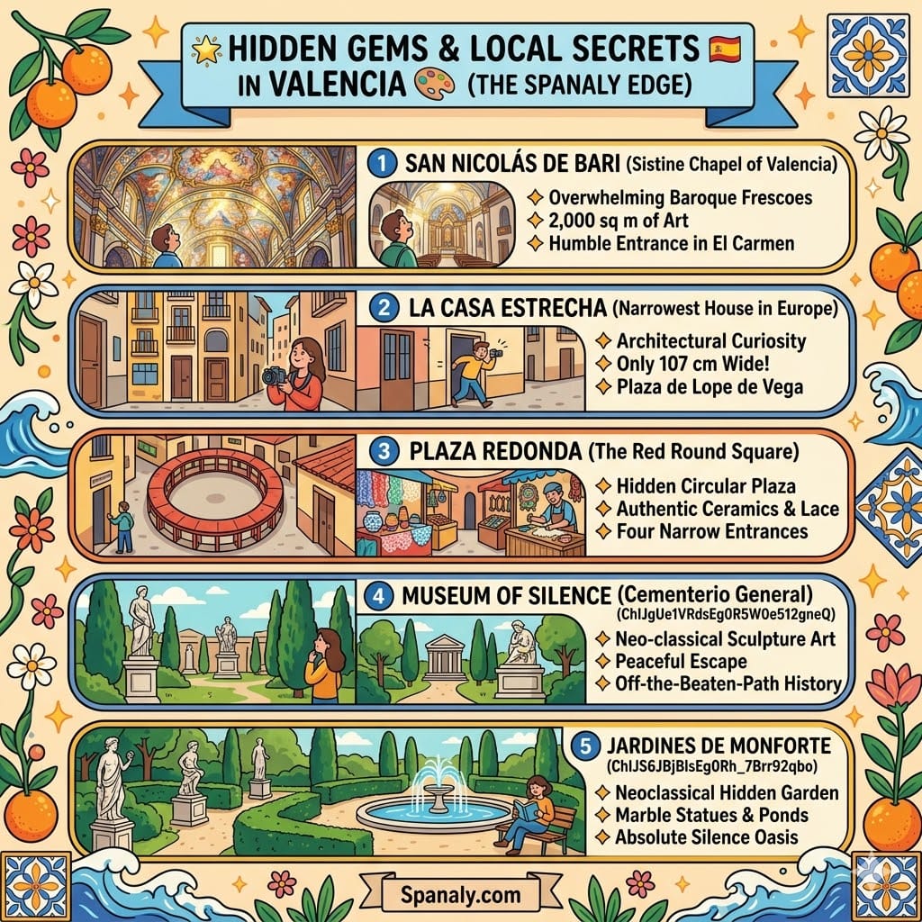 Colorful infographic of Valencia's hidden gems: San Nicolás Baroque frescoes, the narrowest house, Plaza Redonda, Museum of Silence, and Monforte Gardens by Spanaly.com.