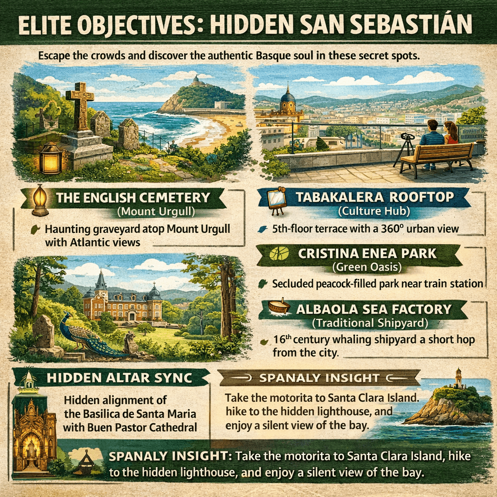 Colorful infographic highlighting hidden gems in San Sebastián Spain including Mount Urgull cemetery, Tabakalera rooftop, Cristina Enea park, and Albaola Sea Factory