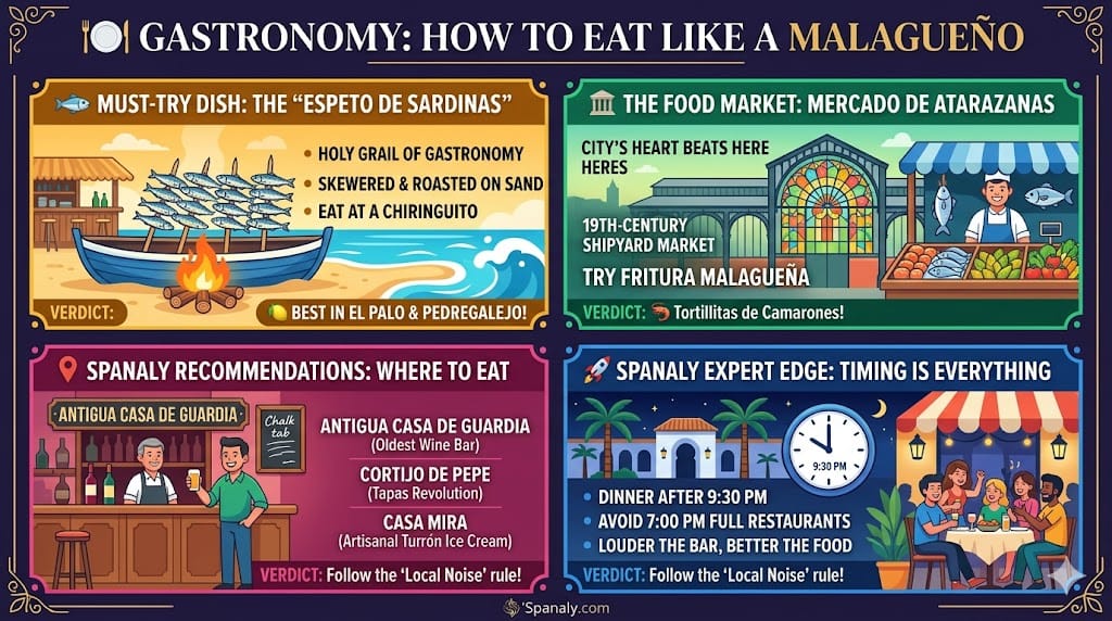 A vibrant infographic by Spanaly detailing Málaga's gastronomy: how to eat sardine Espetos at a chiringuito in El Palo, visiting the Mercado de Atarazanas for Tortillitas de Camarones, Spanaly recommendations like Antigua Casa de Guardia, and expert tips on local dinner timing.