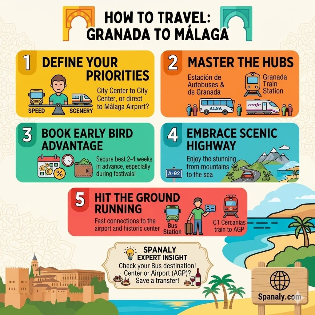 Square step-by-step infographic guide for traveling from Granada to Malaga, featuring colorful icons for bus, train, and car options.