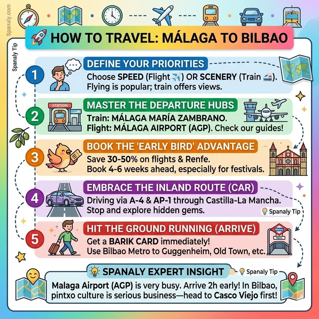 Step-by-step travel infographic from Malaga to Bilbao featuring flight and train hub info, early booking tips, driving routes through Castilla-La Mancha, and Bilbao arrival tips like the Barik card.