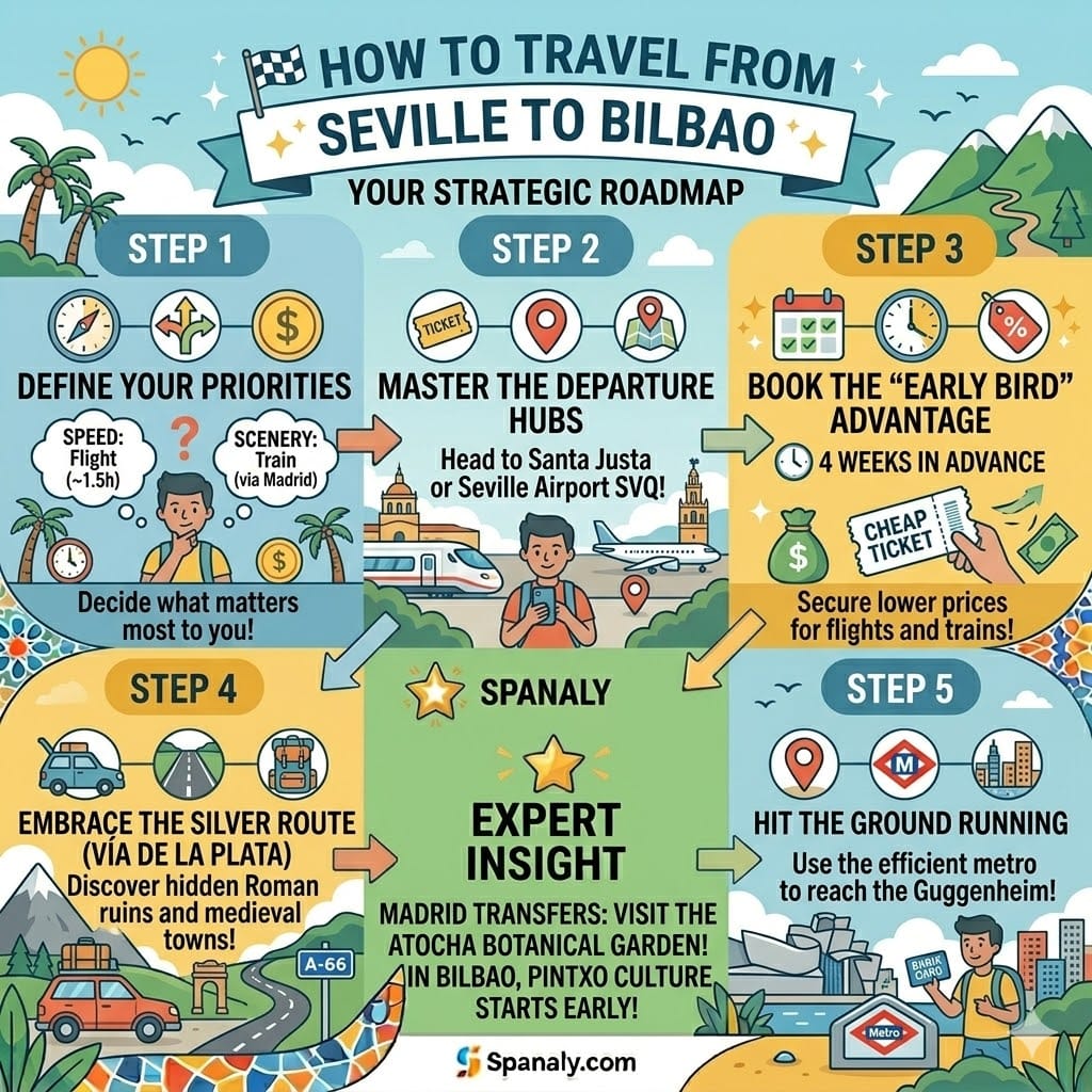 Step-by-step travel infographic from Seville to Bilbao featuring flight and train options, the A-66 Silver Route, and tips for Bilbao metro and Guggenheim museum.