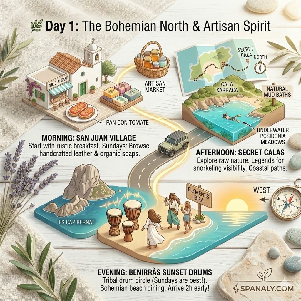 A flat-lay infographic visually summarizing the Ibiza Day 1 itinerary, featuring San Juan village, Cala Xarraca snorkeling, and the Benirràs tribal drum sunset.