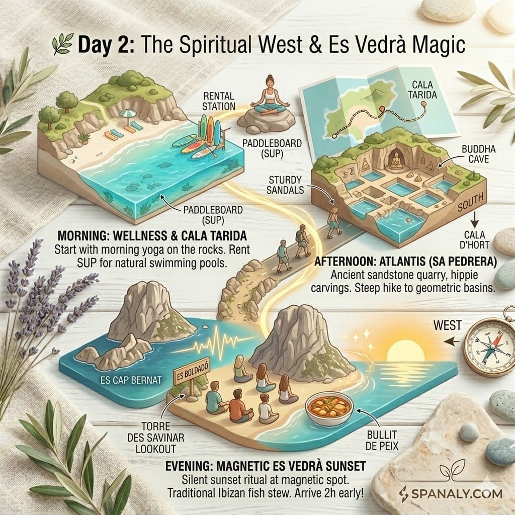 A flat-lay infographic detailing the Ibiza Day 2 itinerary, including yoga at Cala Tarida, the hike to Atlantis (Sa Pedrera), and the magnetic sunset ritual at Es Vedrà.