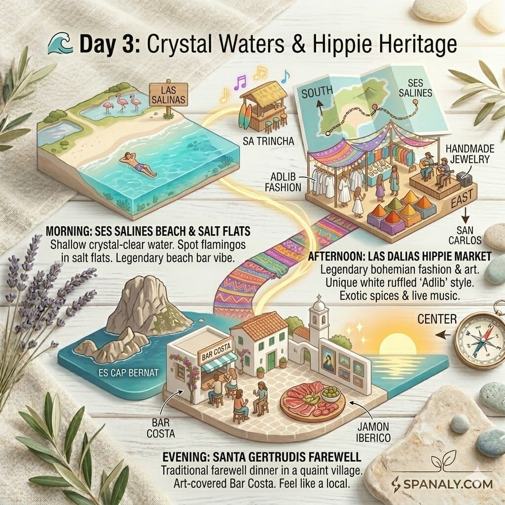 A flat-lay infographic showing the Ibiza Day 3 itinerary: Ses Salines beach and salt flats, Las Dalias hippie market with Adlib fashion, and the village square of Santa Gertrudis.