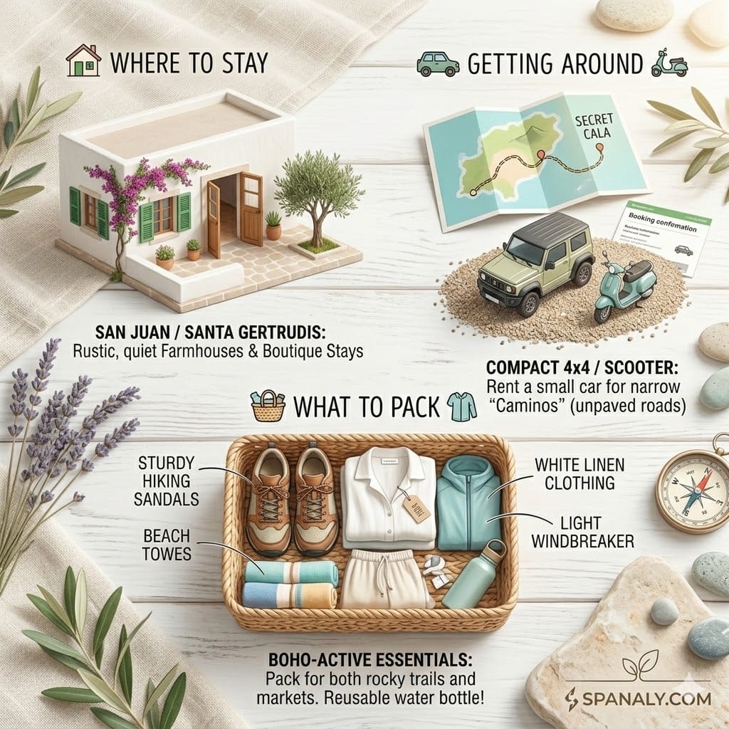 A flat-lay infographic for Ibiza travel preparation showing a rustic Finca model, a small 4x4 car, a scooter, and a wicker basket with white linen clothes, hiking sandals, and a reusable water bottle.
